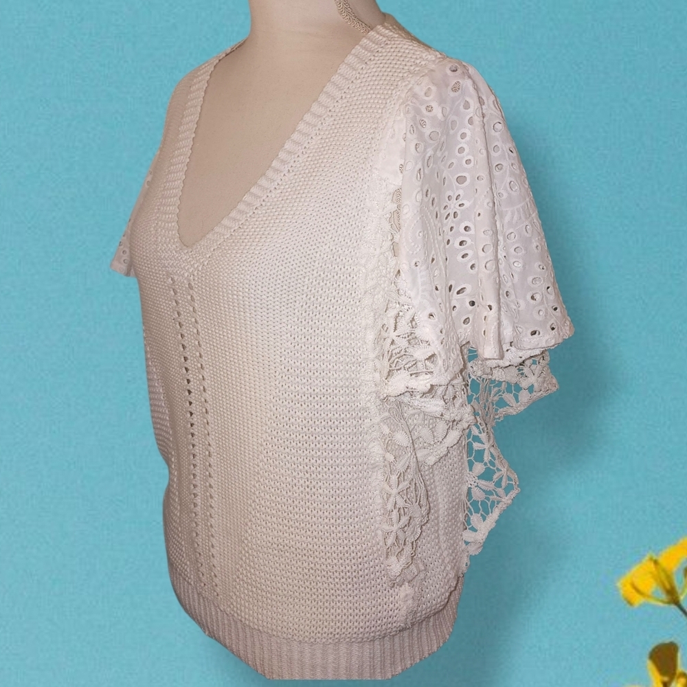 DEMOCRACY Flutter Sleeve V-Neck Mixed Media Top with Die Cut Embroidery - Picture 5 of 9